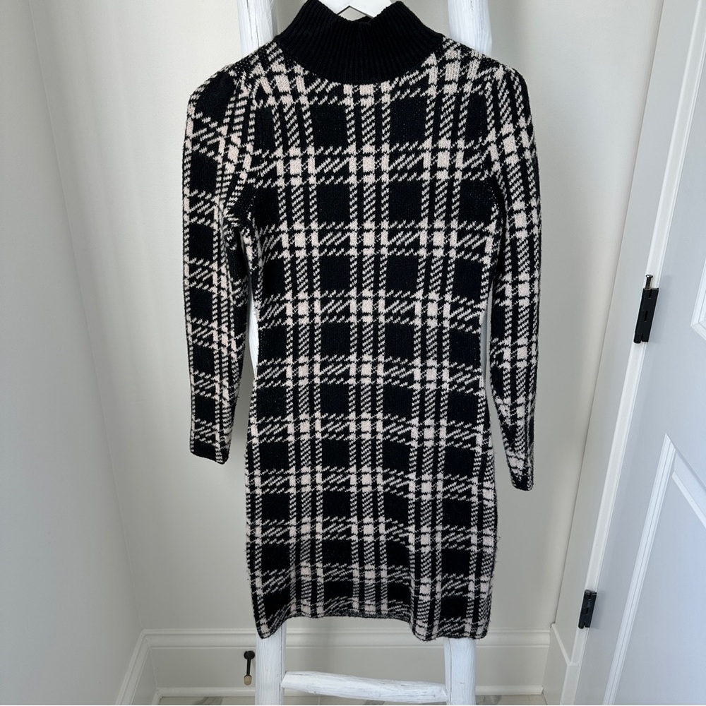 Pink Rose Black & Cream Mockneck Turtleneck Checkered Knit Sweater Dress Size S